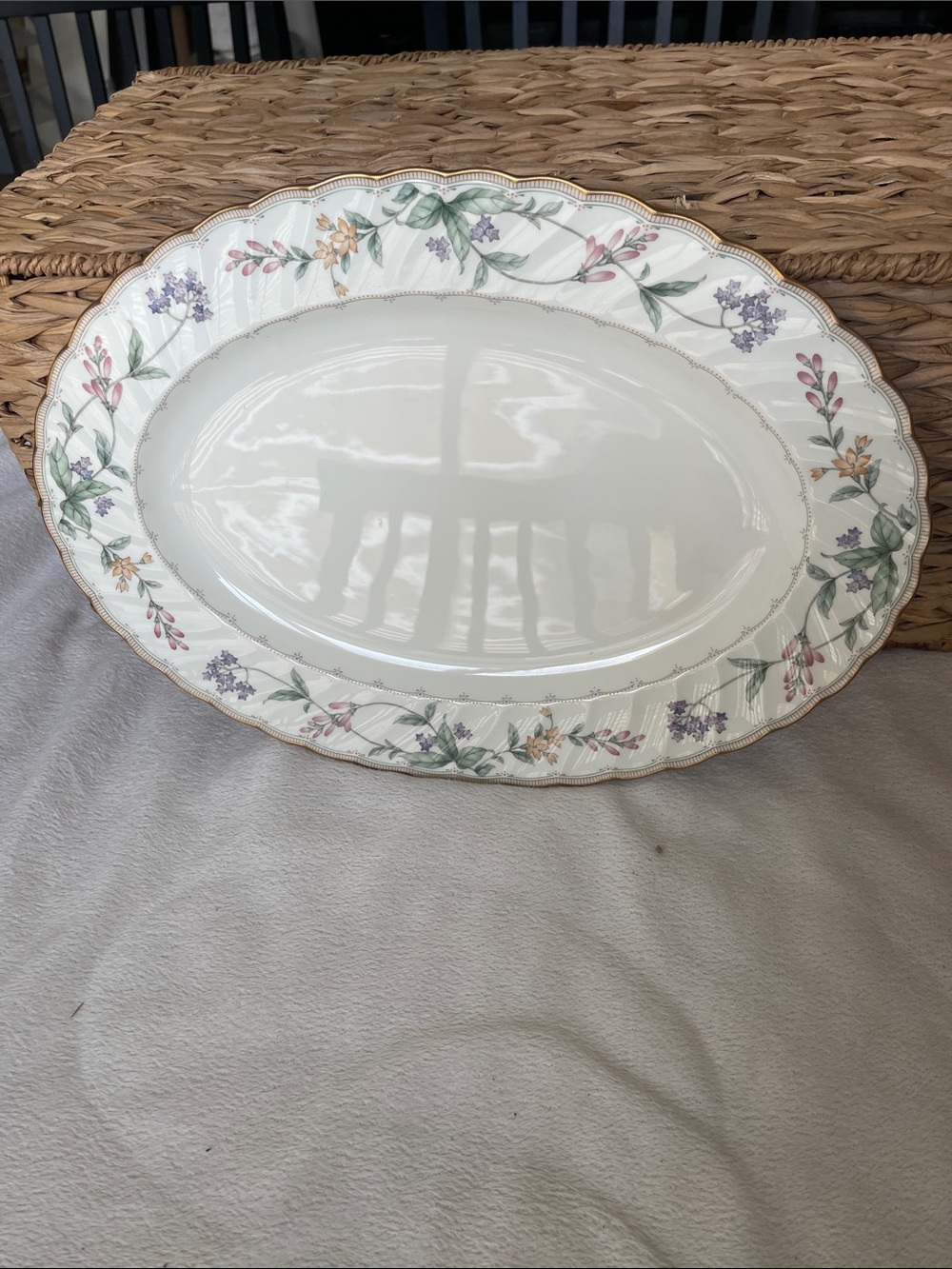 Noritake Brookhollow Large 14" Oval Serving Platter Gold Trim Cream Multi Floral